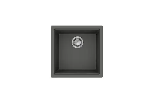 Unterbauspüle in Steingrau von Hansgrohe, quadratisch mit zentraler Ablaufgarnitur, bietet eine funktionale Lösung für Küchenräume.